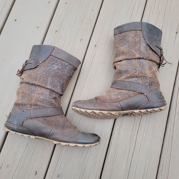 Merrell Haven Embossed Floral Paisley Brown Oiled Leather Mid Calf Boots 7 - Picture 3 of 8